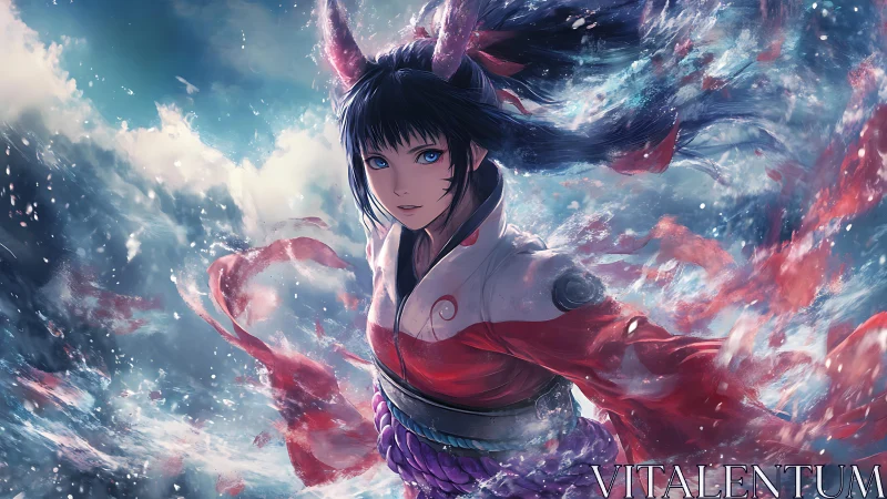 Storm dancer in red kimono swirling through painted sky.