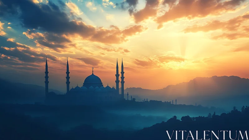 Mosque silhouette stands against bright sunrise sky