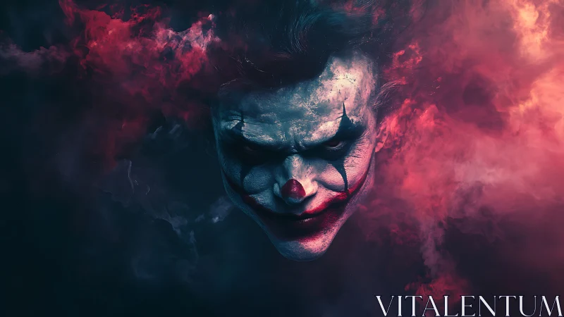 Sinister clown portrait emerging through neon smoke clouds.