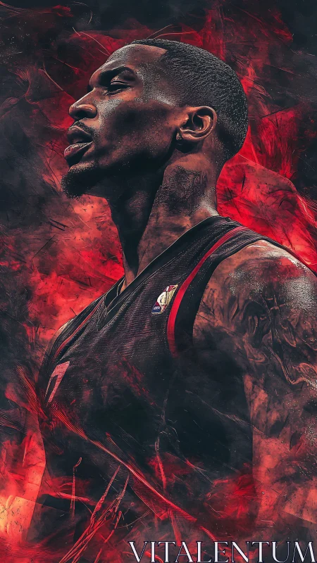 Digital portrait of basketball player in red abstract smoke.