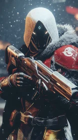 Armored sci‑fi marksman in snow with high‑spec energy rifle