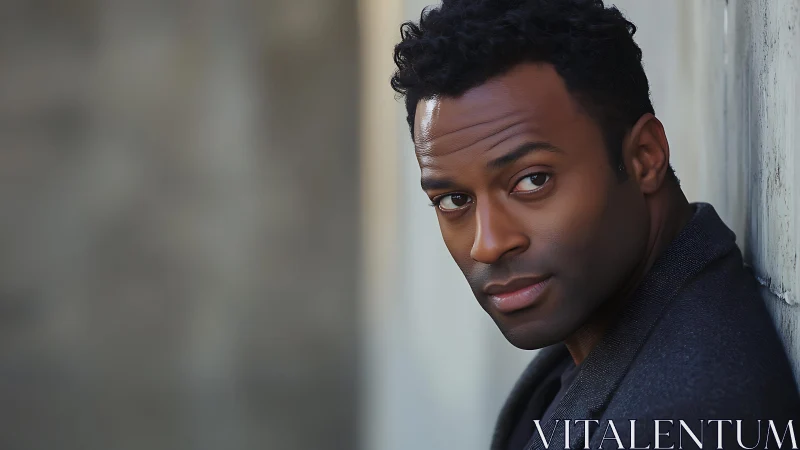 Portrait subject leans against wall in soft urban light.