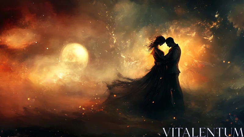 Silhouetted Couple Embracing Against Luminous Celestial Sphere with Atmospheric Particle Effects