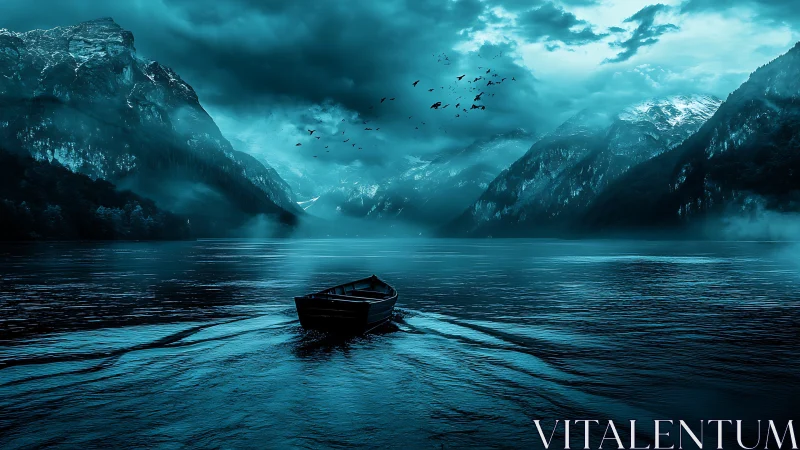 Solitary boat glides through a misty, blue mountain lake