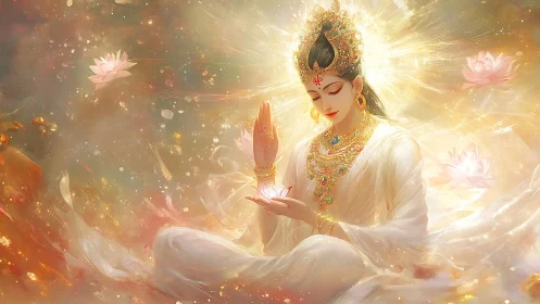 Radiant goddess meditates amid luminous floating lotus blooms