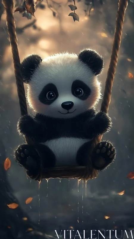 Gentle baby panda enjoys a quiet swing in a misty forest