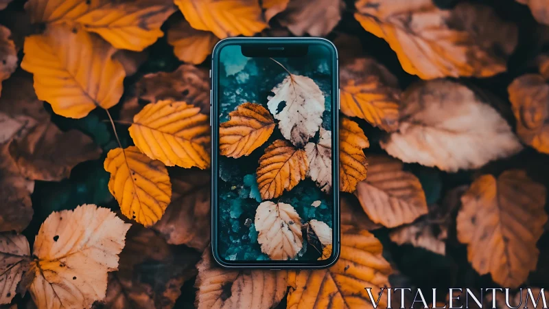 Cozy autumn leaves reflected through a glowing phone screen.