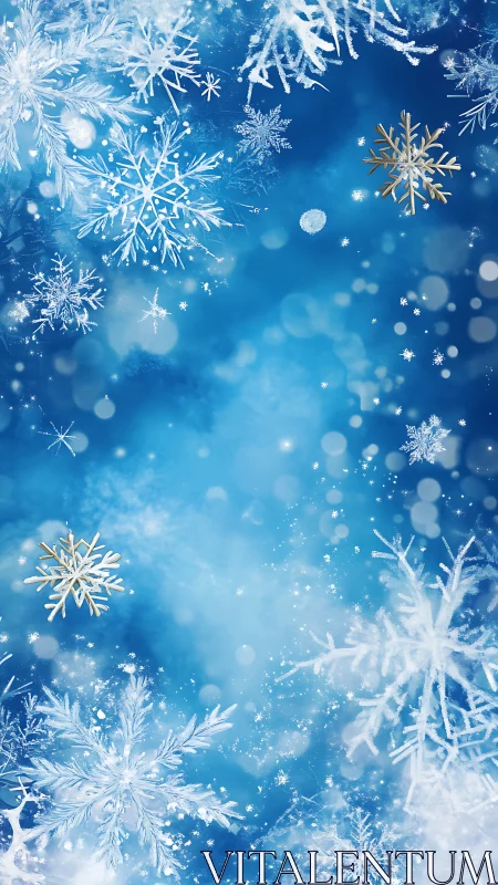 Crystal snowflakes drift across luminous winter blue sky.