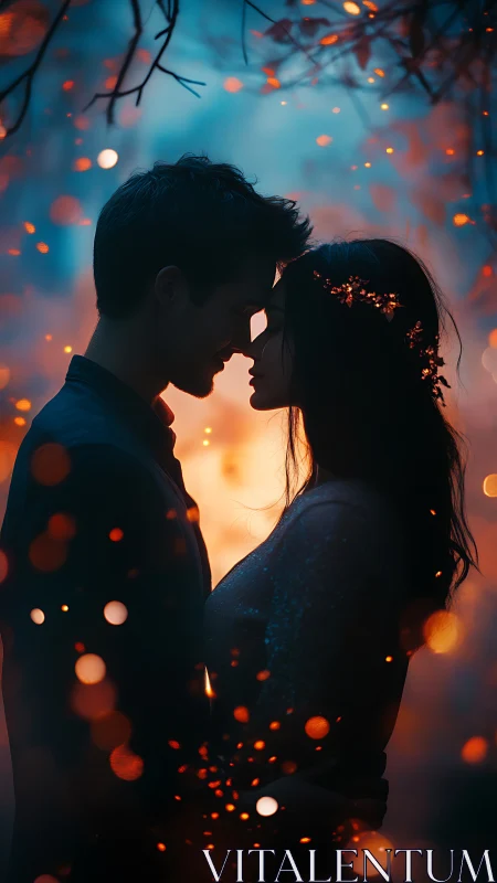 Two silhouetted figures face each other in warm bokeh light