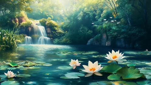 Water lilies occupy foreground while waterfall feeds forest pool