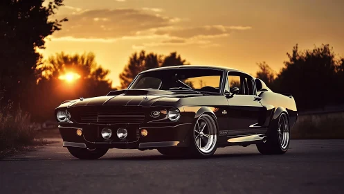 Glowing sunset frames a classic muscle car ready to roam free