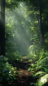 Sunlit forest path cuts through dense emerald canopy.