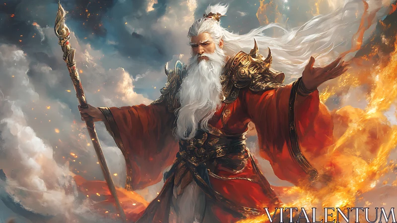 Storm-summoning fire sage in swirling celestial clouds.