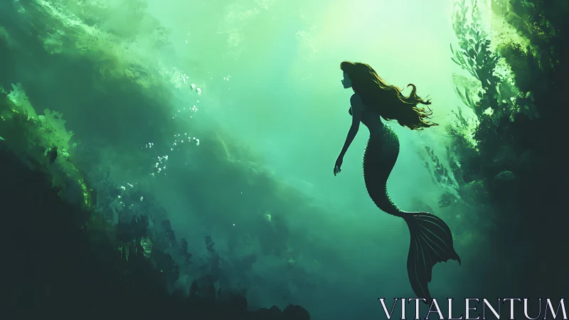 Silhouetted mermaid in teal subsurface caustics and kelp haze.