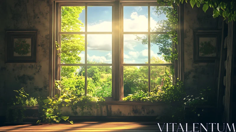 Sunlit wooden interior window framing green outdoor trees.