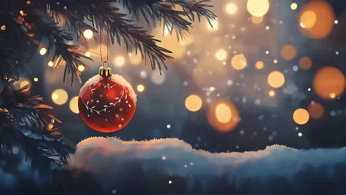 Red ornament glows softly amid snowy pine and golden lights.
