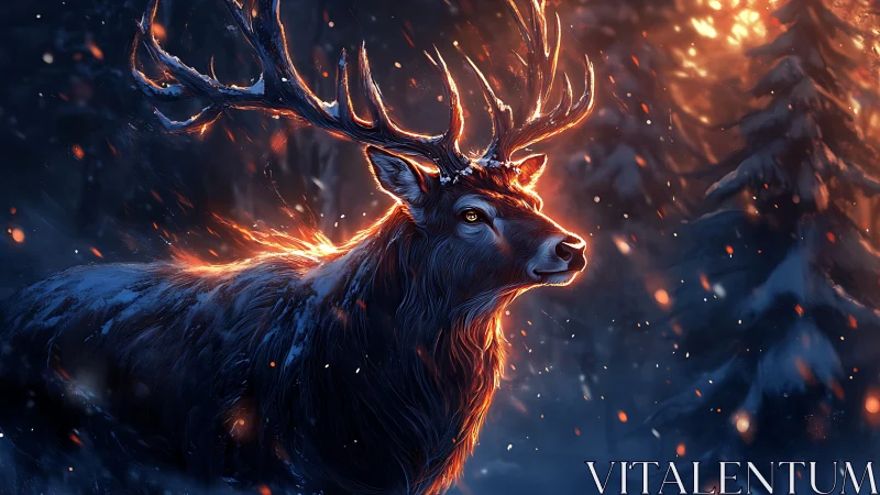 Ember-crowned stag glows against midnight winter pines.