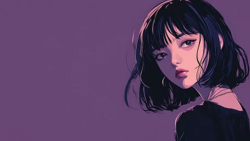 Side profile anime portrait of woman on purple background.