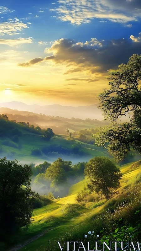 Sunrise over misty green valley with rolling hills glowing.