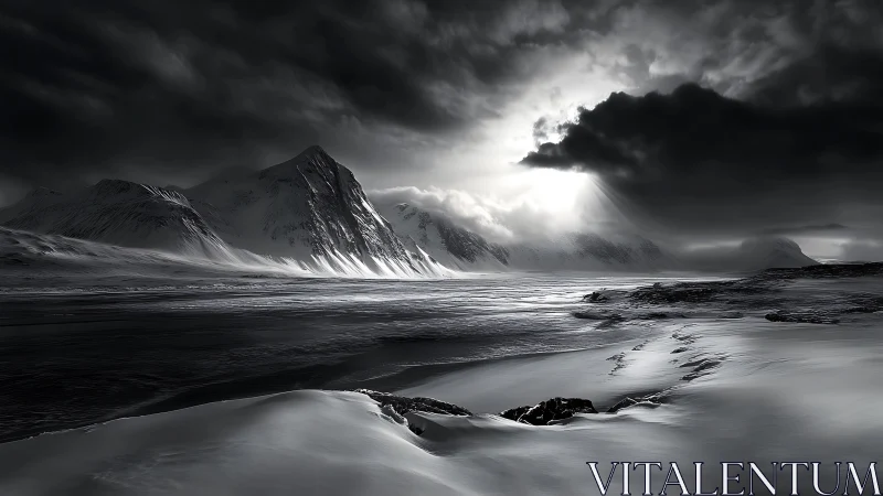Stormlit Arctic peaks rise over a desolate frozen expanse.