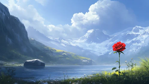 Single red rose by clear mountain lake under bright sky.