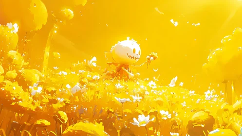 Sunlit pumpkin creature admires wildflowers in golden field