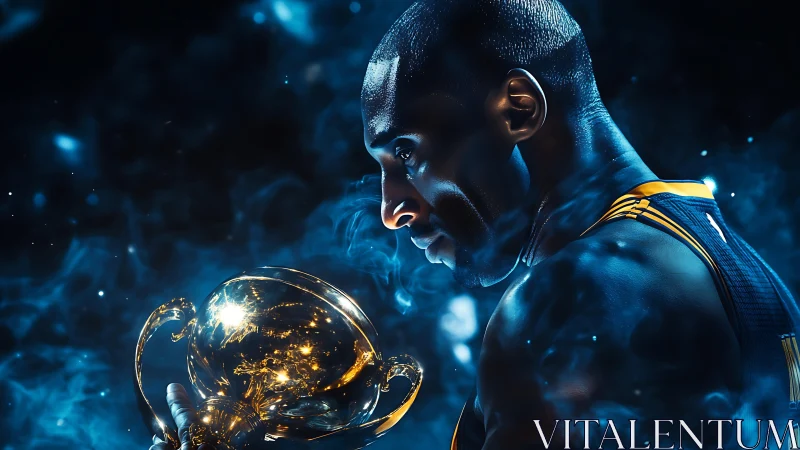 Male basketball player holding trophy in blue smoke field.