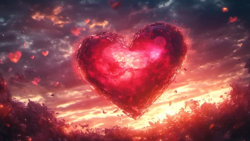 Glowing heart soars through fiery celestial clouds.