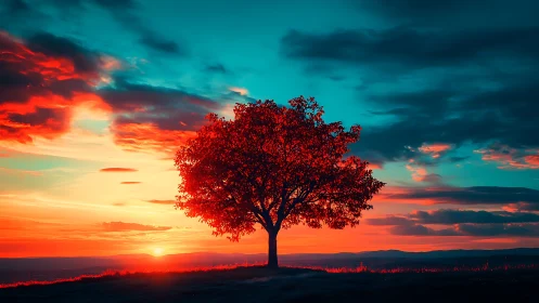 Solitary tree against vivid red and cyan sunset sky.