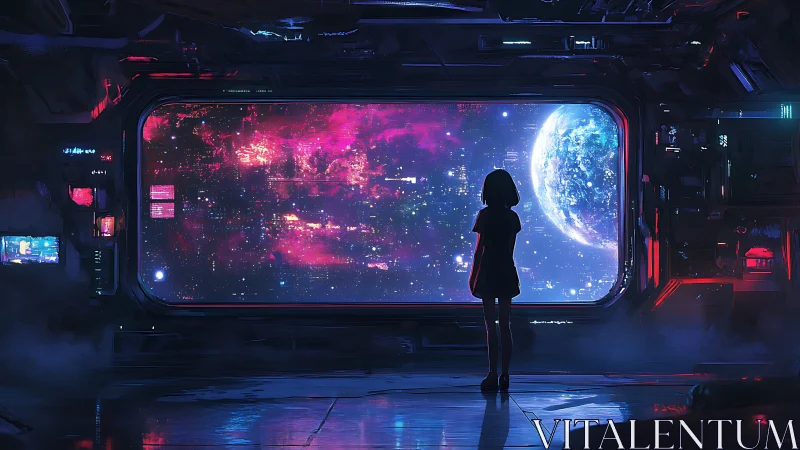 Girl silhouetted in starship window facing glowing planet.