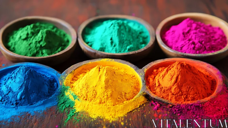 Vibrant pigment mounds in wooden bowls form a chromatic spectrum