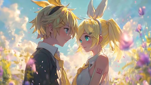 Anime twins in golden meadow under soft pastel sky.