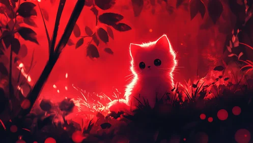 Glowing White Kitten Discovers a Red Neon Forest
