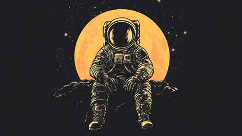 Lone astronaut silhouette against full lunar backlight. Period.