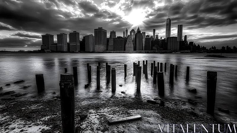 Monochrome city skyline is viewed across water with pilings