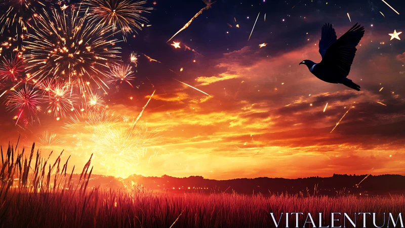 Fireworks illuminate sunset sky while silhouetted bird flies