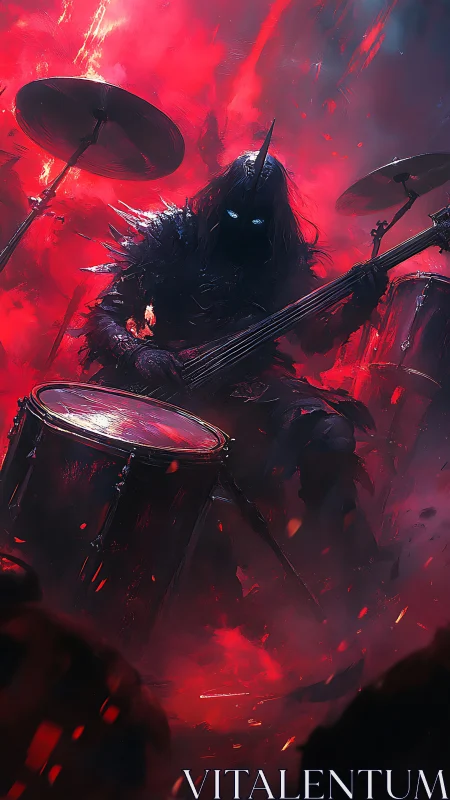 Demonic metal drummer emerges from infernal crimson haze