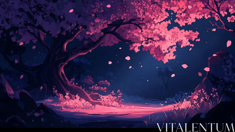 Night forest clearing with glowing pink blossom trees.