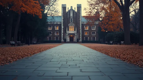 Symmetrical collegiate Gothic hall framed by autumn foliage at dusk