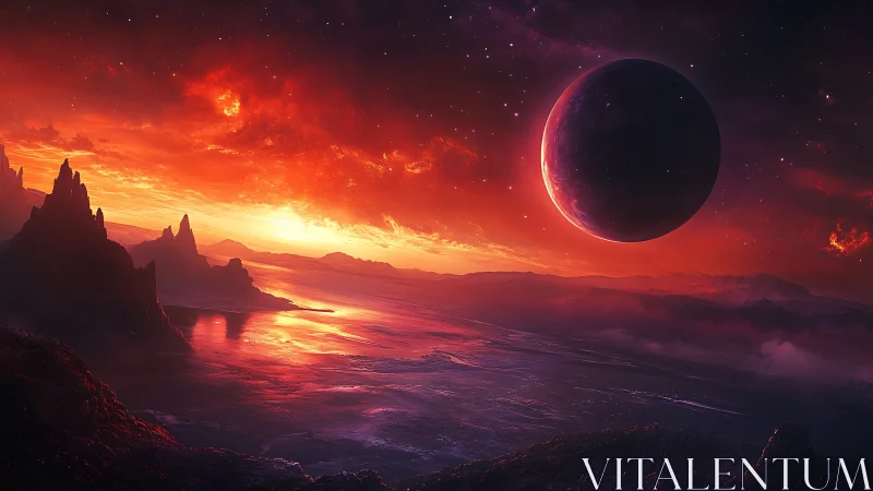 Crimson twin-sun shoreline beneath a looming violet planet.