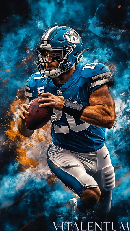 Quarterback storms through electric clouds of gridiron fury.