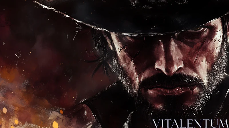 Scorched outlaw glare carved from dusk and gunpowder fire.