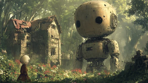 Gentle forest robot meets curious child in wildflowers.