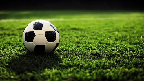 Sunlit soccer ball resting on fresh green field of dreams.