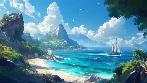 Tropical Paradise: Digital Rendering of Coastal Seascape with Limestone Cliffs.