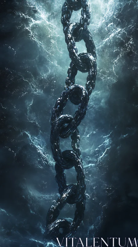 Submerged iron chain descending through stormy teal depths.