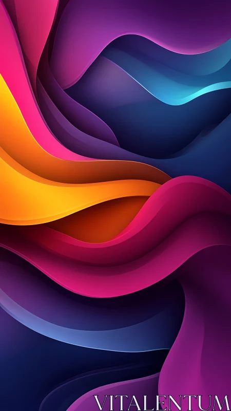 Vibrant layered color waves curve across deep blue space