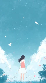 Girl with pink backpack under expansive cyan sky, birds