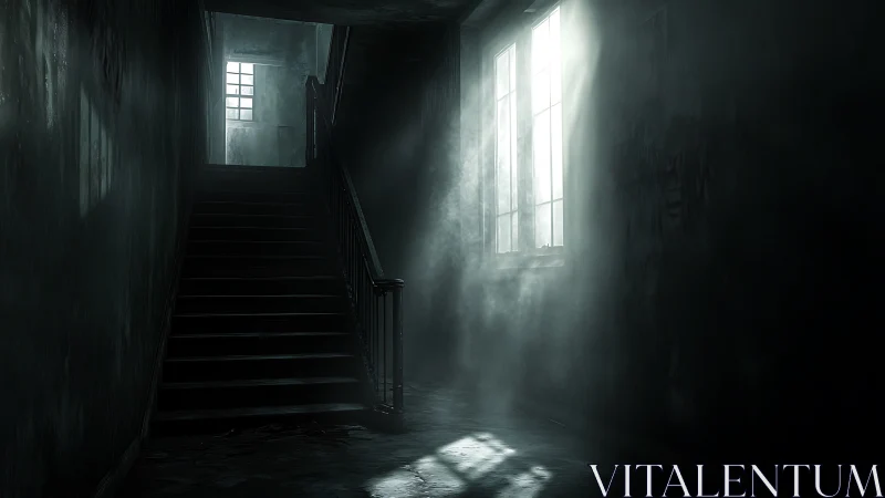 Dim stairwell with window light cutting through smoke.