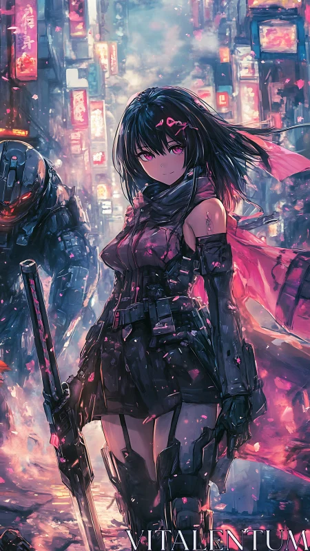 Female cybernetic fighter stands in neon-lit urban street